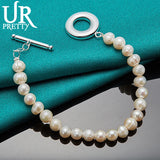 925 Silver OT Buckle Pearl Chain Bracelet Wedding Charm Gift