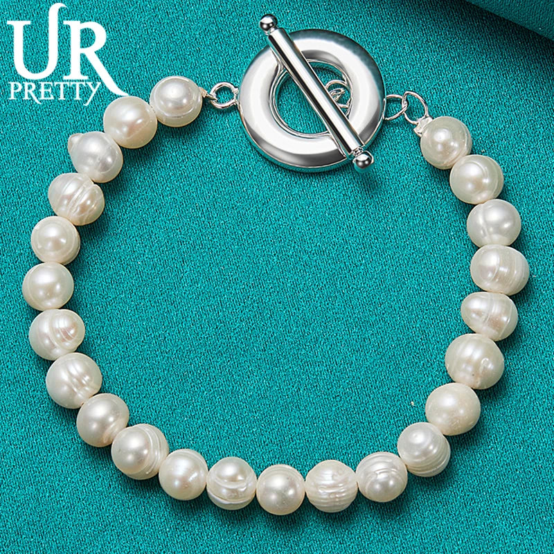 925 Silver OT Buckle Pearl Chain Bracelet Wedding Charm Gift