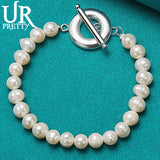 925 Silver OT Buckle Pearl Chain Bracelet Wedding Charm Gift