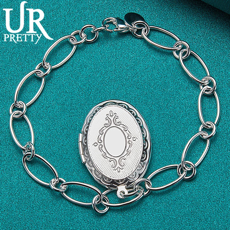 925 Sterling Silver Oval Photo Frame Chain Bracelet