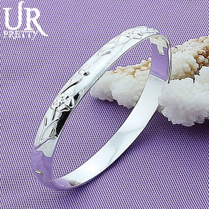 925 Silver Relief Flower Bangle Bracelet For Women Wedding