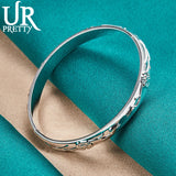925 Silver Relief Flower Bangle Bracelet for Women, Wedding Jewelry