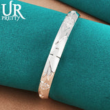 925 Silver Relief Flower Bangle Bracelet for Women, Wedding Jewelry