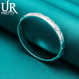 925 Silver Relief Flower Bangle Bracelet for Women, Wedding Jewelry