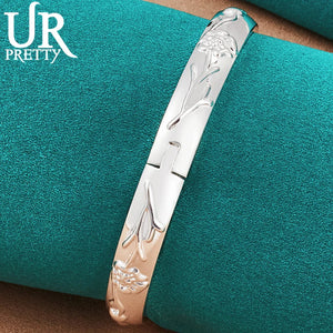 925 Silver Relief Flower Bangle Bracelet for Women, Wedding Jewelry