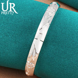 925 Silver Relief Flower Bangle Bracelet for Women, Wedding Jewelry