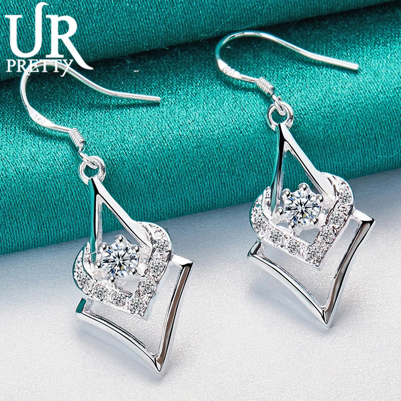 925 Silver Rhombus Heart Zircon Drop Earrings Wedding Engagement Party Jewelry