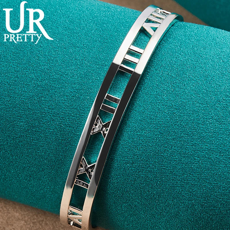 925 Silver Roman Numerals Adjustable Bangle Bracelet Wedding Jewelry
