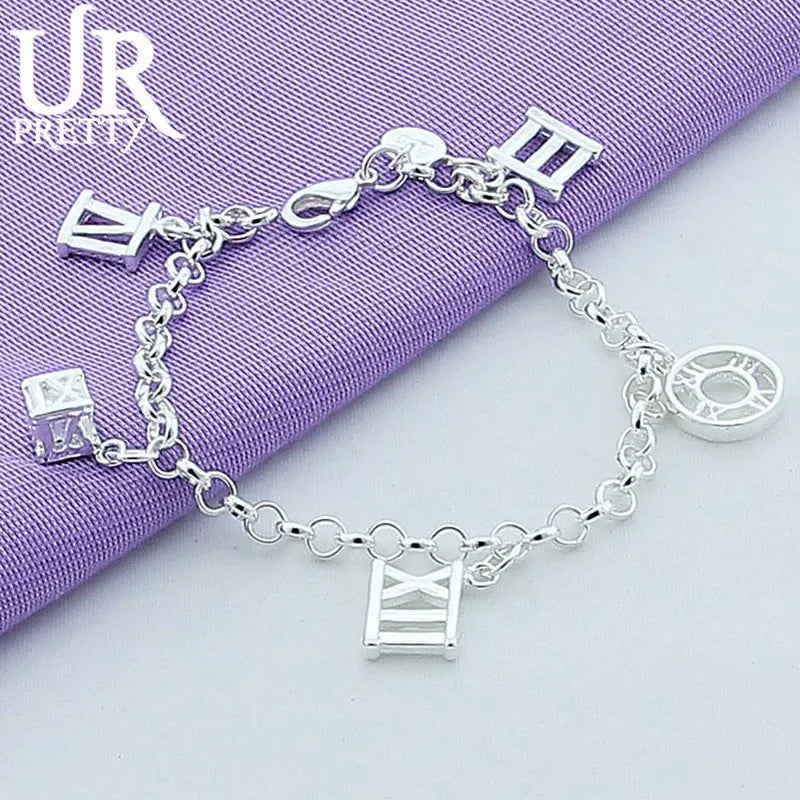 925 Silver Roman Numerals Chain Bracelet Women Wedding Engagement Charm
