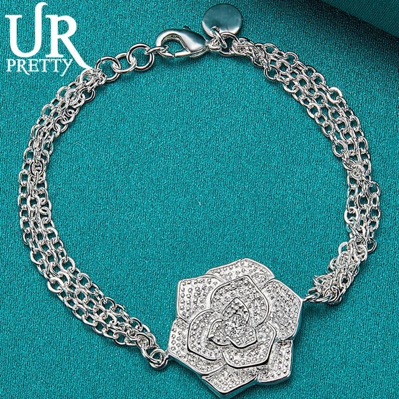 925 Sterling Silver Rose Flower Chain Bracelet Wedding Engagement Charm Jewelry