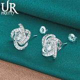 925 Silver Zircon Stud Earring Rotate Flower Shape Wedding Party Jewelry