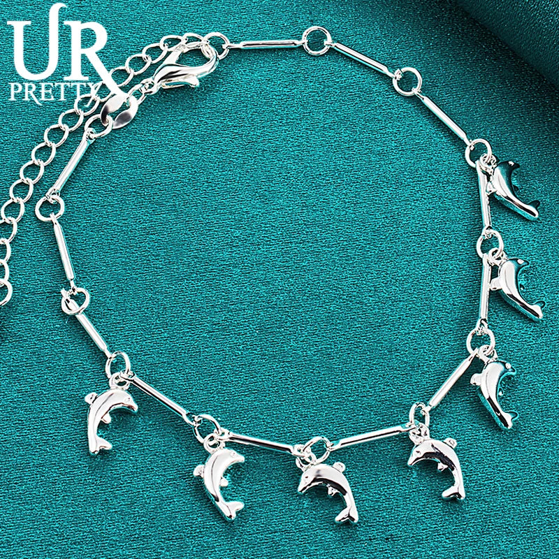 925 Sterling Silver Seven Dolphins Chain Bracelet Wedding Engagement Party Charm