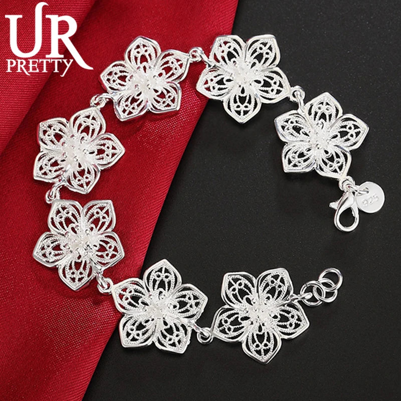 925 Sterling Silver Seven Flowers Chain Bracelet For Women