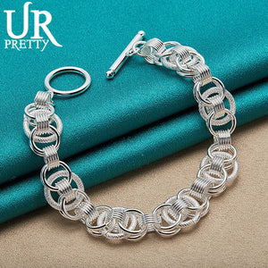 925 Silver Frosted Multi-Ring Chain Bracelet Engagement Wedding Jewelry