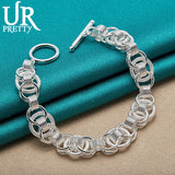 925 Silver Frosted Multi-Ring Chain Bracelet Engagement Wedding Jewelry
