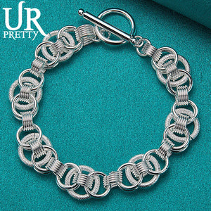 925 Silver Frosted Multi-Ring Chain Bracelet Engagement Wedding Jewelry