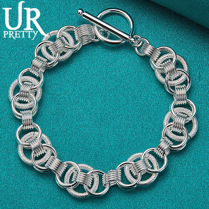 925 Silver Frosted Multi-Ring Chain Bracelet Engagement Wedding Jewelry