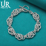 925 Silver Frosted Multi-Ring Chain Bracelet Engagement Wedding Jewelry