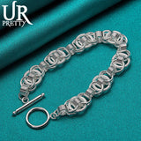 925 Silver Frosted Multi-Ring Chain Bracelet Engagement Wedding Jewelry