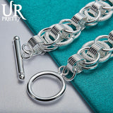925 Silver Frosted Multi-Ring Chain Bracelet Engagement Wedding Jewelry