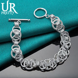 925 Silver Frosted Multi-Ring Chain Bracelet Engagement Wedding Jewelry