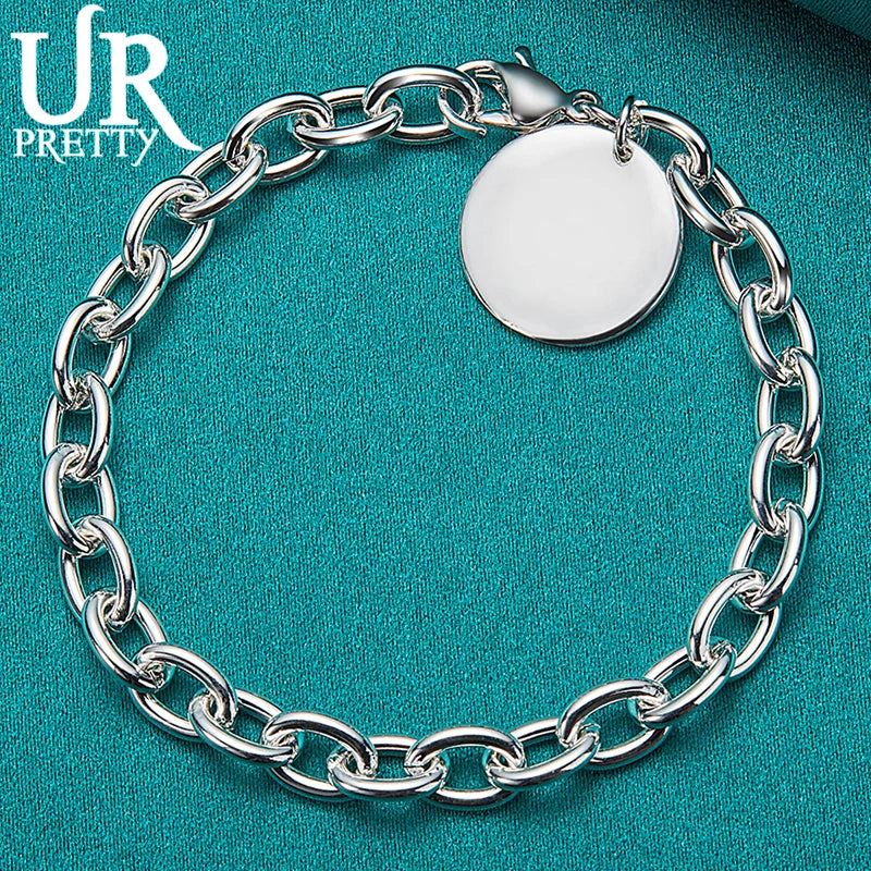 925 Sterling Silver Round Pendant Chain Bracelet Wedding Jewelry