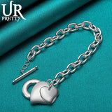925 Silver Double Heart Chain Bracelet Wedding Charm Jewelry