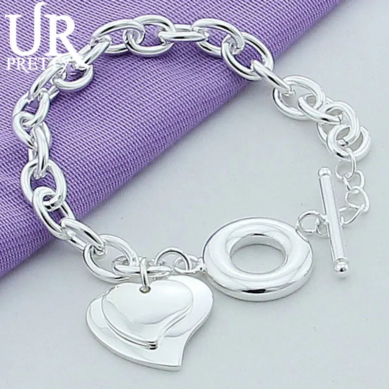 925 Sterling Silver Double Heart Chain Bracelet Wedding Engagement Charm Jewelry