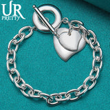 925 Silver Double Heart Chain Bracelet Wedding Charm Jewelry
