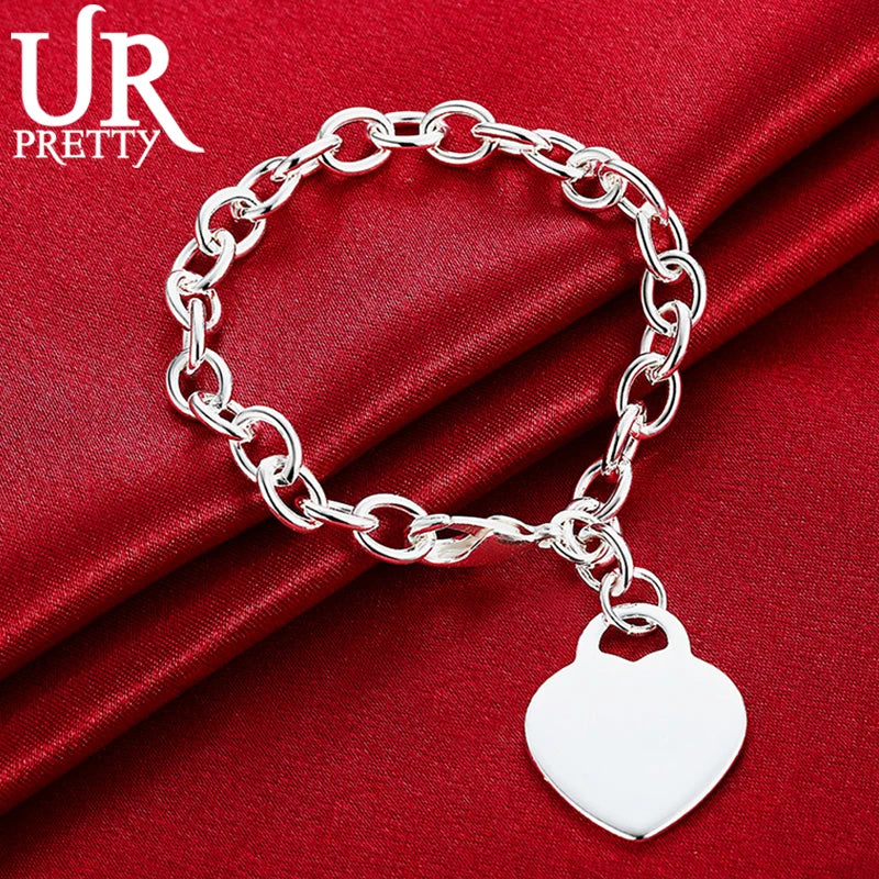 925 Sterling Silver Solid Heart Love Chain Bracelet For Men Women