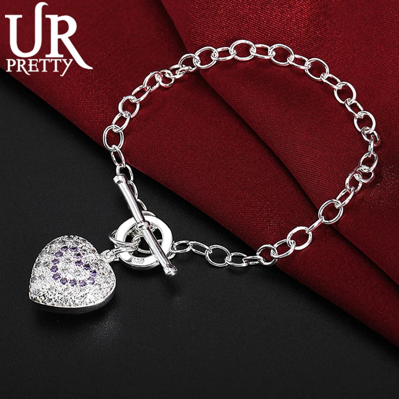 925 Silver Heart Zircon Chain Bracelet Women Wedding Engagement Jewelry