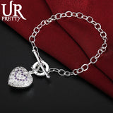 925 Silver Heart Zircon Chain Bracelet Women Wedding Engagement Jewelry