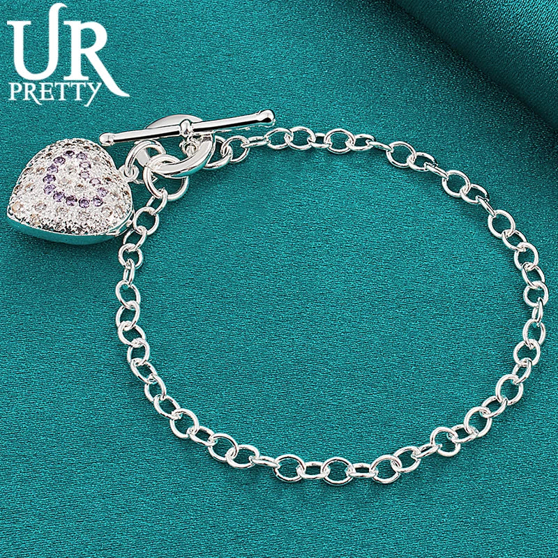 925 Silver Heart Zircon Chain Bracelet Wedding Party Jewelry