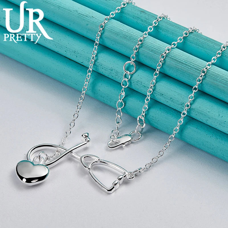 925 Sterling Silver Heart Stethoscope Necklace 18 Inch Chain