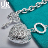 925 Sterling Silver Love Heart Chain Bracelet Women Wedding Engagement Jewelry
