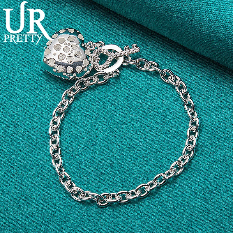925 Sterling Silver Love Heart Chain Bracelet Women Wedding Engagement Jewelry