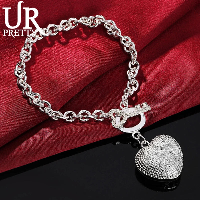 925 Sterling Silver Heart Chain Bracelet Women Wedding Engagement Jewelry