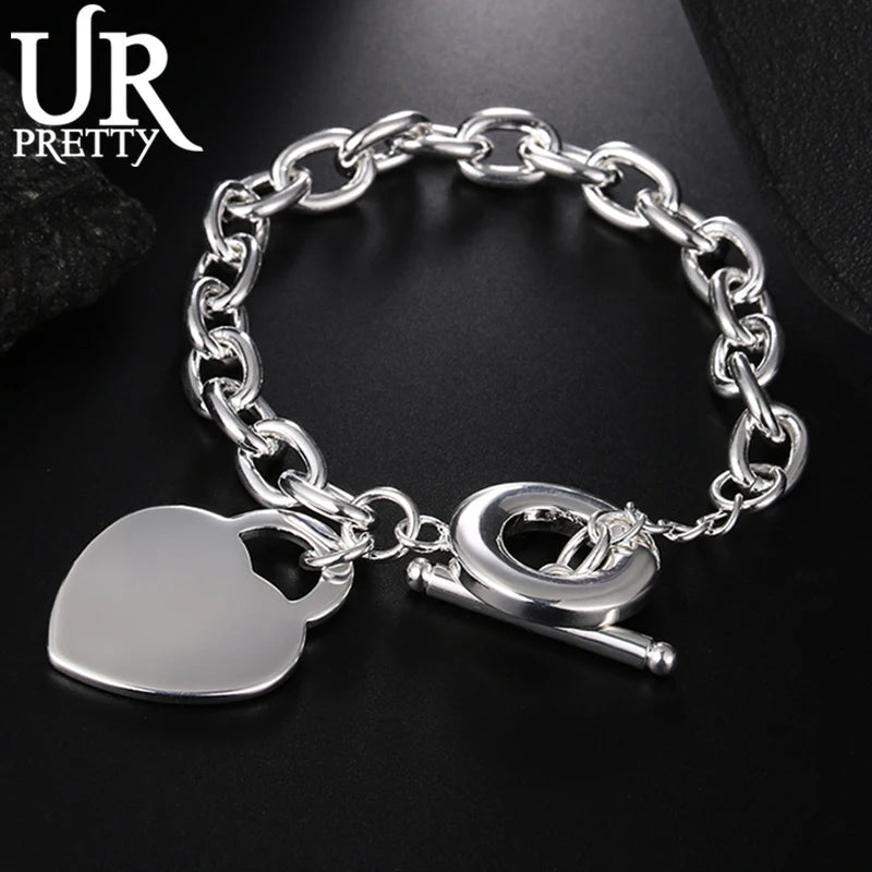 925 Silver Love Heart Chain Bracelet Wedding Party Jewelry Gift