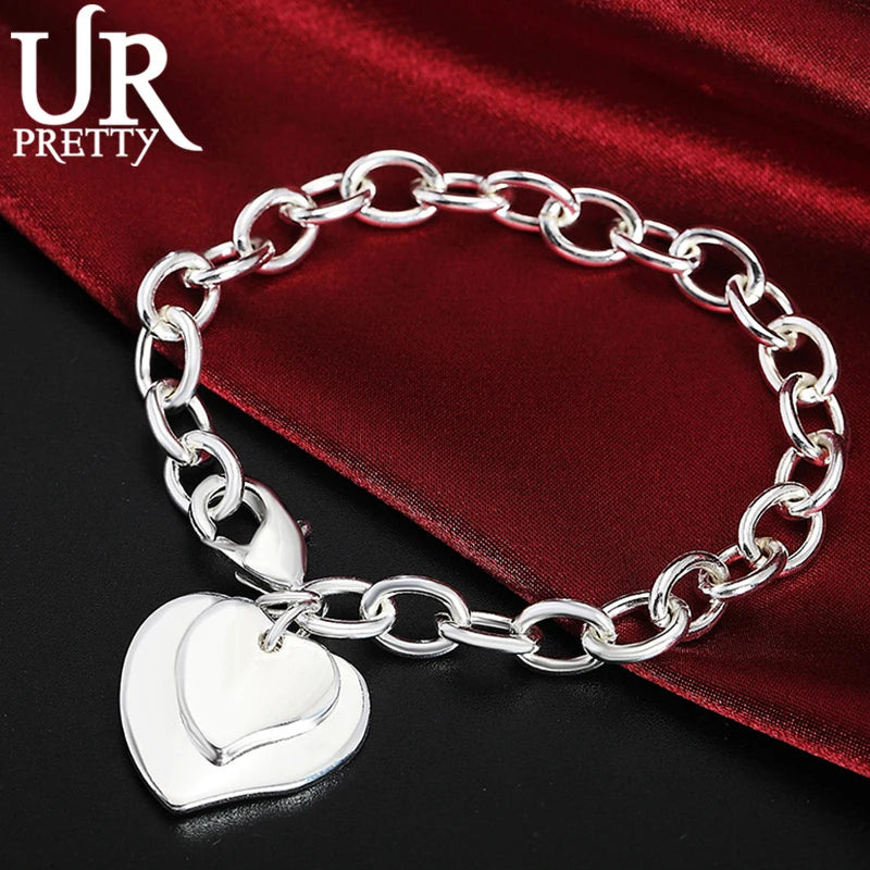 925 Sterling Silver Solid Love Heart Chain Bracelet For Man Women