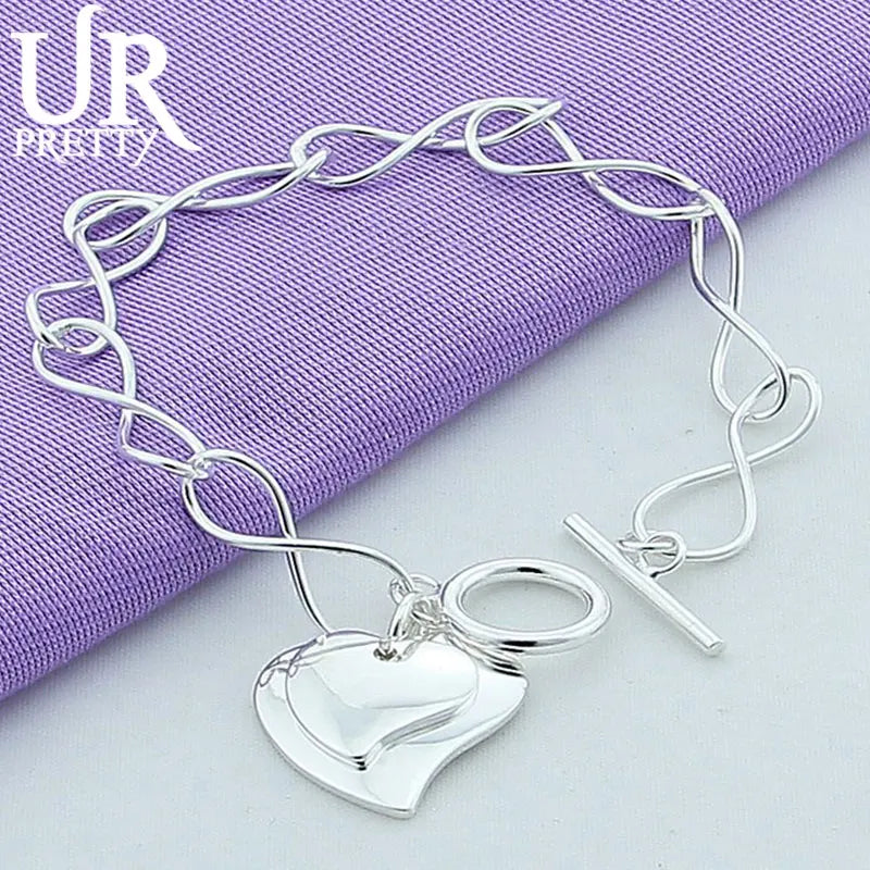 925 Silver Two Hearts 8 Char OT Chain Bracelet Wedding Charm Party