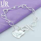 925 Silver Two Hearts 8 Char OT Chain Bracelet Wedding Charm Party