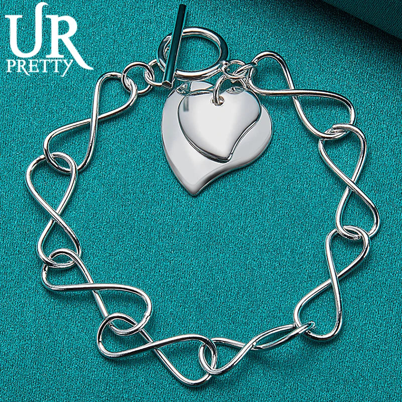 925 Silver Two Hearts 8 Characters OT Chain Bracelet Wedding Charm Party