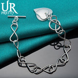 925 Silver Two Hearts 8 Characters OT Chain Bracelet Wedding Charm Party