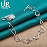 925 Silver Two Hearts 8 Characters OT Chain Bracelet Wedding Charm Party