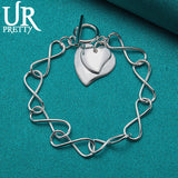 925 Silver Two Hearts 8 Characters OT Chain Bracelet Wedding Charm Party