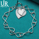 925 Silver Two Hearts 8 Characters OT Chain Bracelet Wedding Charm Party