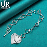 925 Silver Two Hearts 8 Characters OT Chain Bracelet Wedding Charm Party