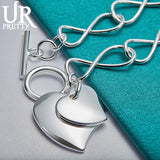 925 Silver Two Hearts 8 Characters OT Chain Bracelet Wedding Charm Party