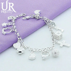 925 Sterling Silver Star Cross Ring Love Heart Chain Bracelet