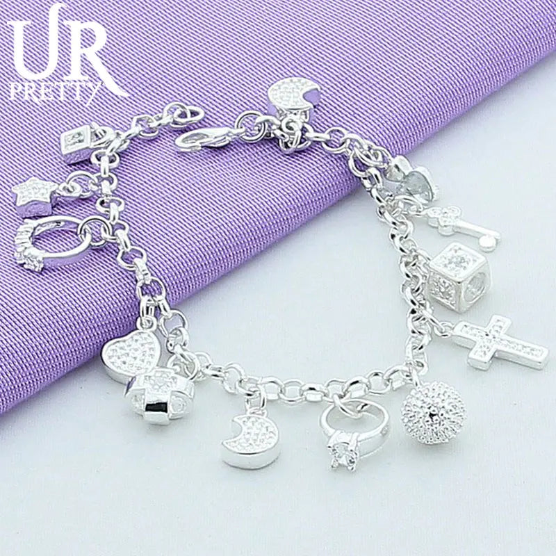 925 Sterling Silver Star Cross Ring Love Heart Chain Bracelet